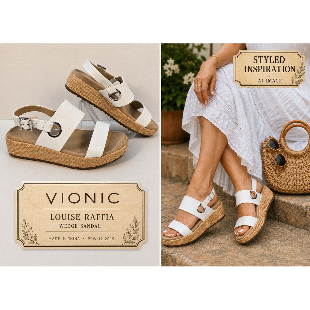 Vionic Louise Raffia Wedge Sandal Women's White Size 7 Excellent Orthopedic Boho
